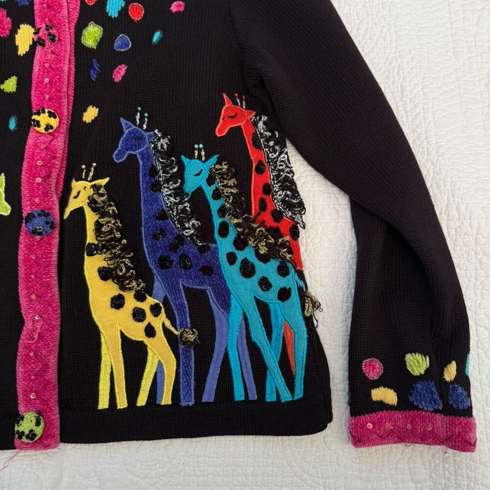 Vintage BEREK Giraffe Cardigan Sweater Women Size S Multi Stretch Knit Beaded - Picture 3 of 7